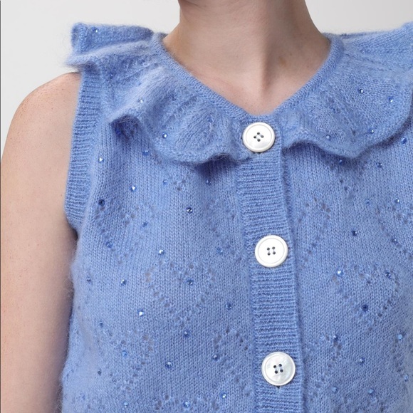 Alessandra Rich Crystal Embellished Ruffled-Neck Crop Knitted Sleeveless Sweater - Picture 4 of 16